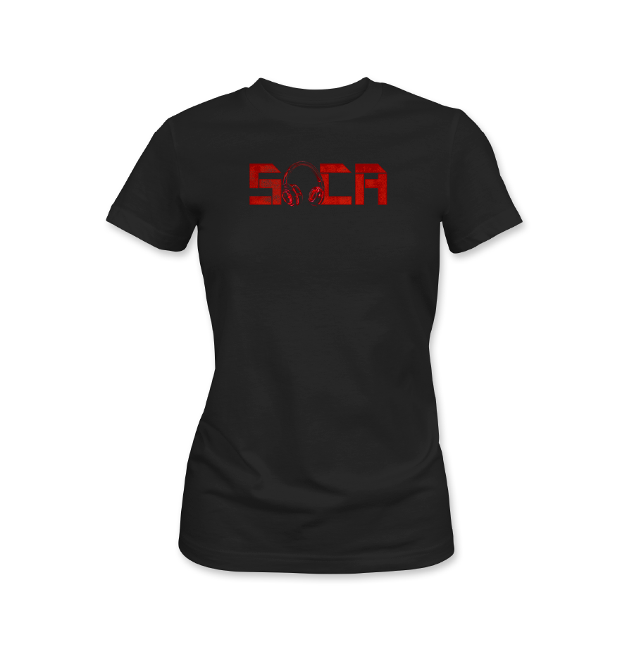 Soca Red headphones black t-shirt women