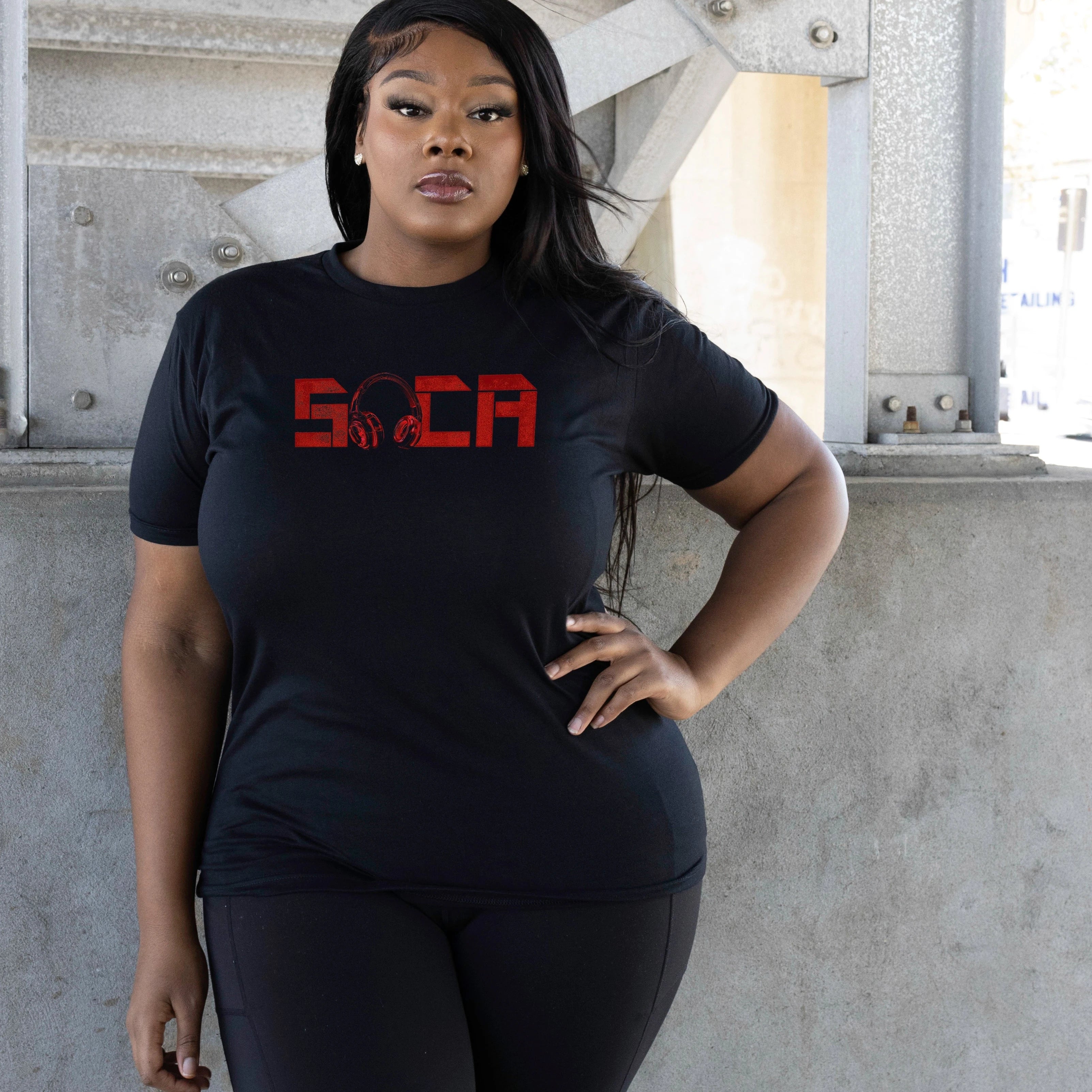 Soca Red headphones black t-shirt women