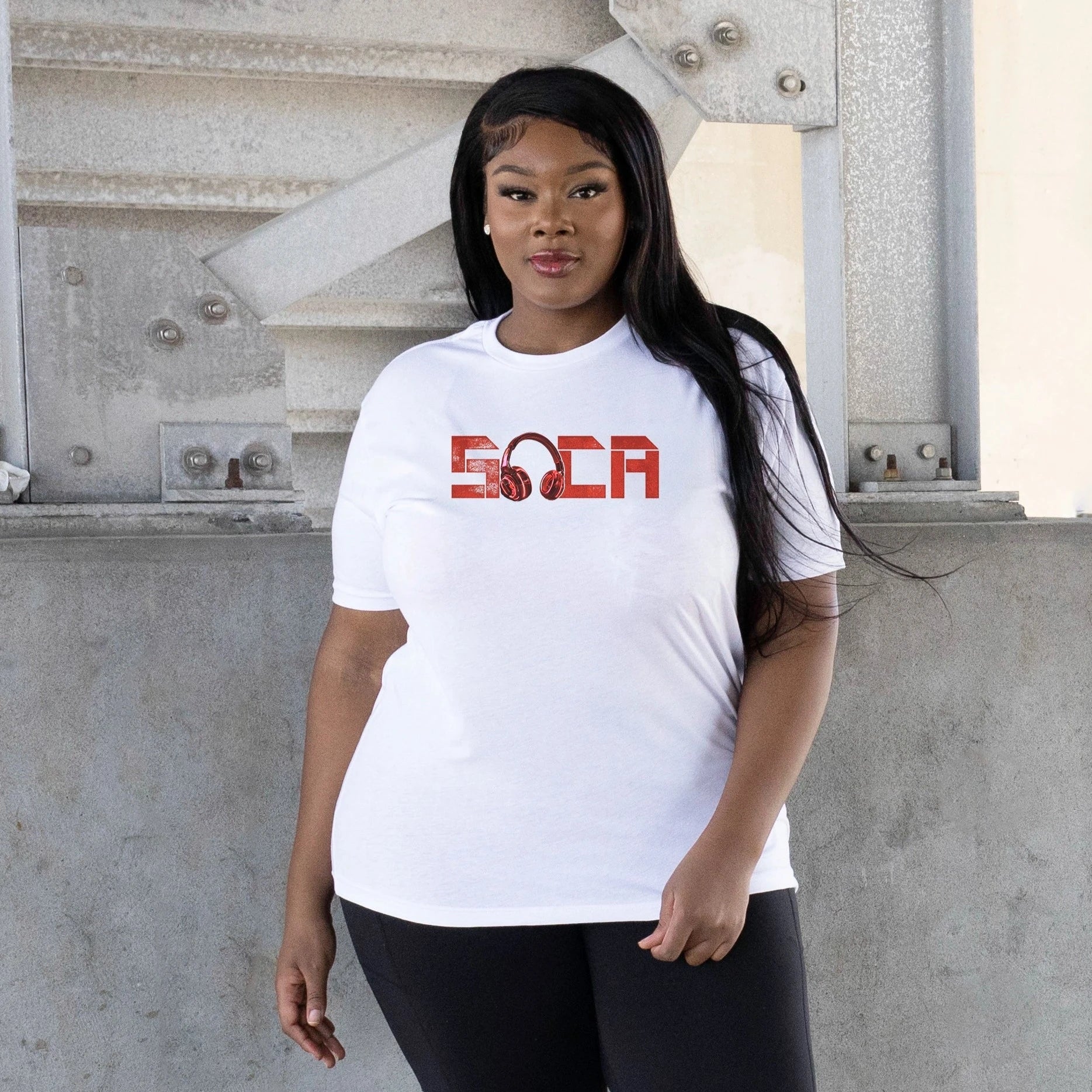 Soca Red headphones white t-shirt