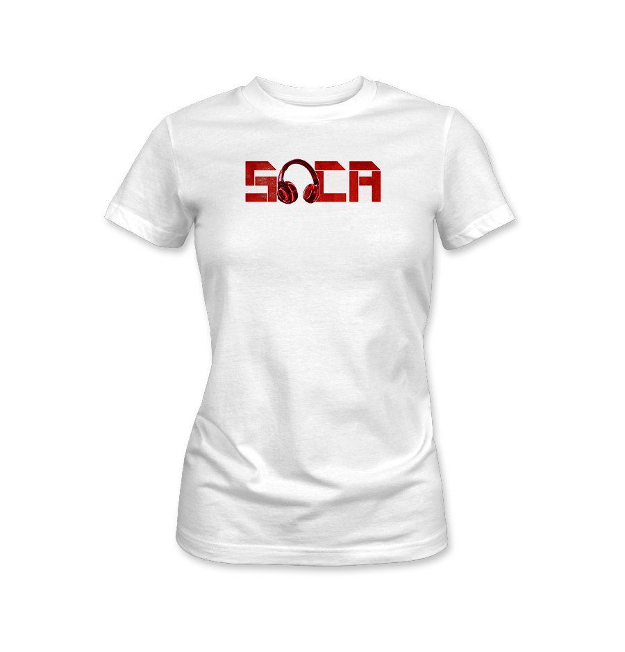 Soca Red headphones white t-shirt women